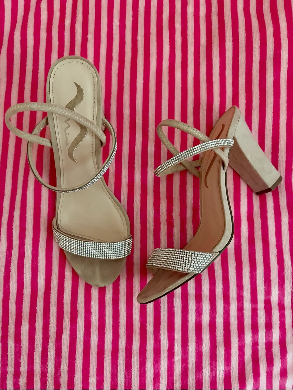 Nina ~~ Tan Suede Block Heels - 4”- with Rhinestone Straps - Wmns 8.5 -